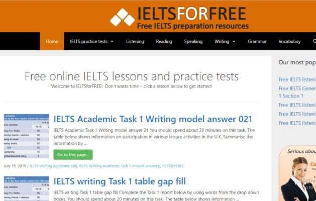 Giao diện website của IELTS For Free 