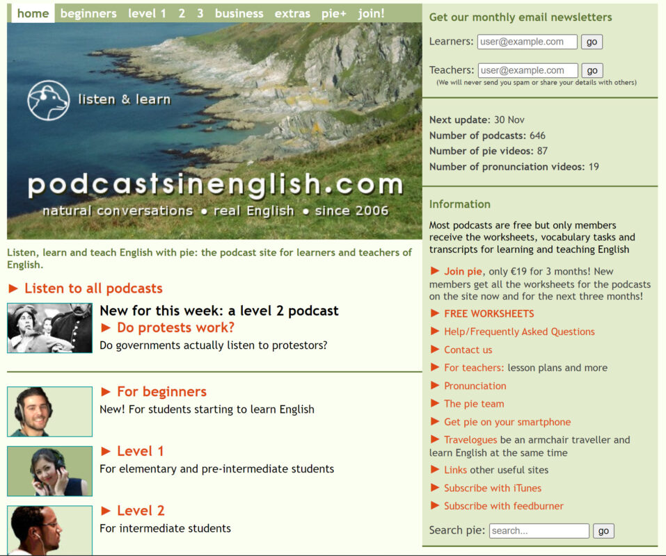 Learn English and listen to English with podcasts in English
