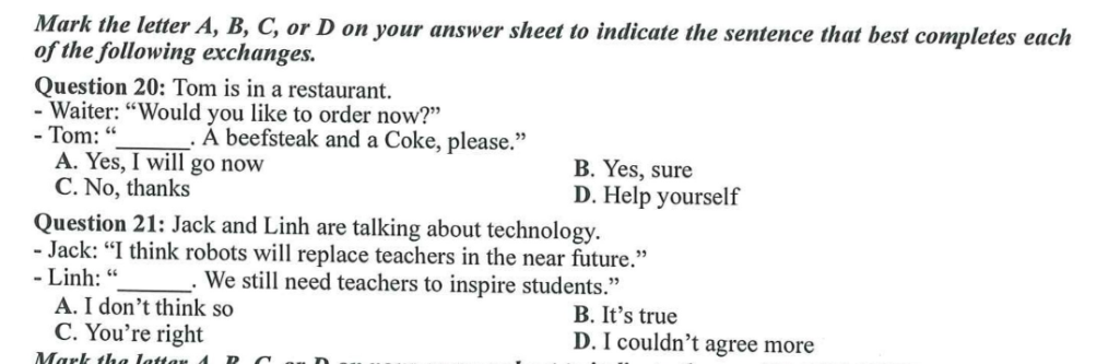Ví dụ về phần thi hoàn thành hội thoại trong đề thi THPT Quốc gia