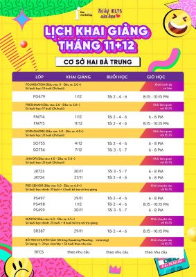 Lịch khai giảng Hai Bà Trưng tháng 11-12/2023