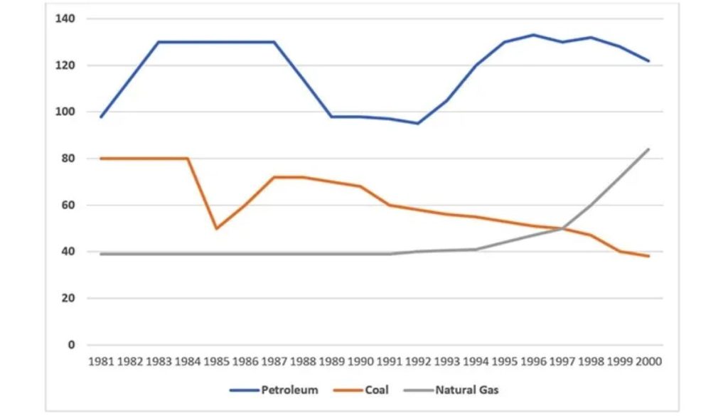 The line graph shows the production levels of main fuels in a European country from 1981 to 2000