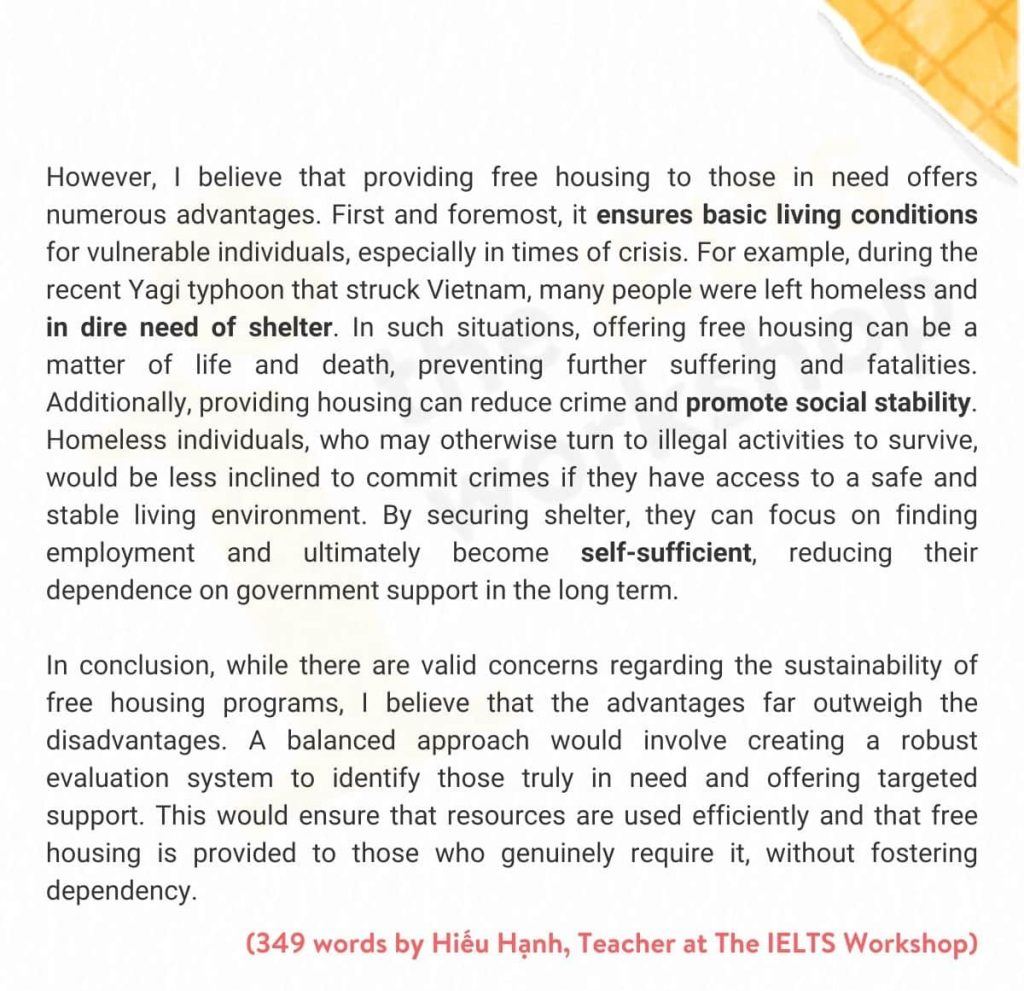 Sample Free housing IELTS Writing Task 2