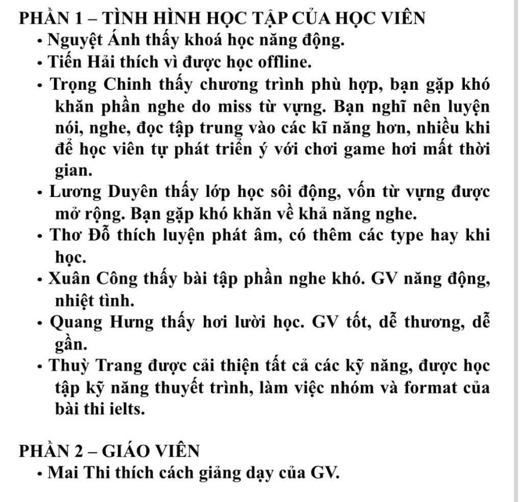 Cảm nhận của học viên của cô Dương Hiếu Hạnh
