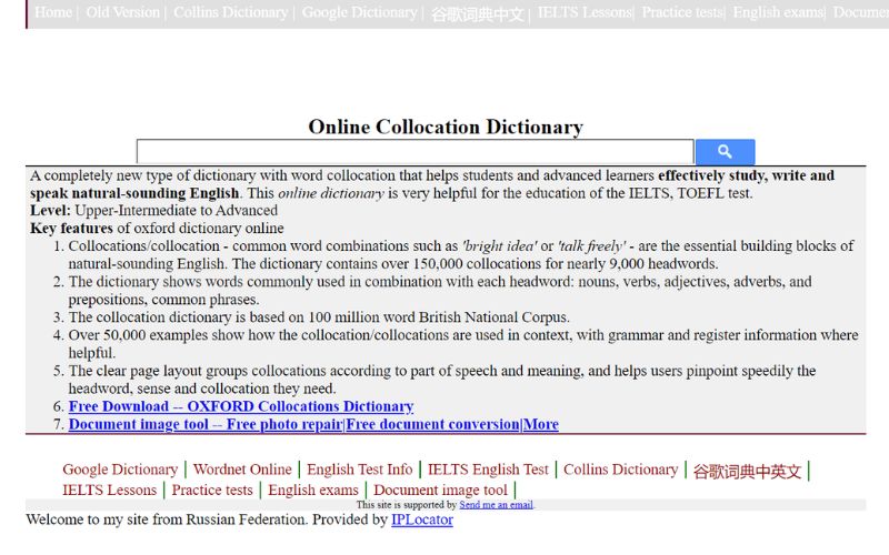 Giao diện của từ điển FreeCollocation