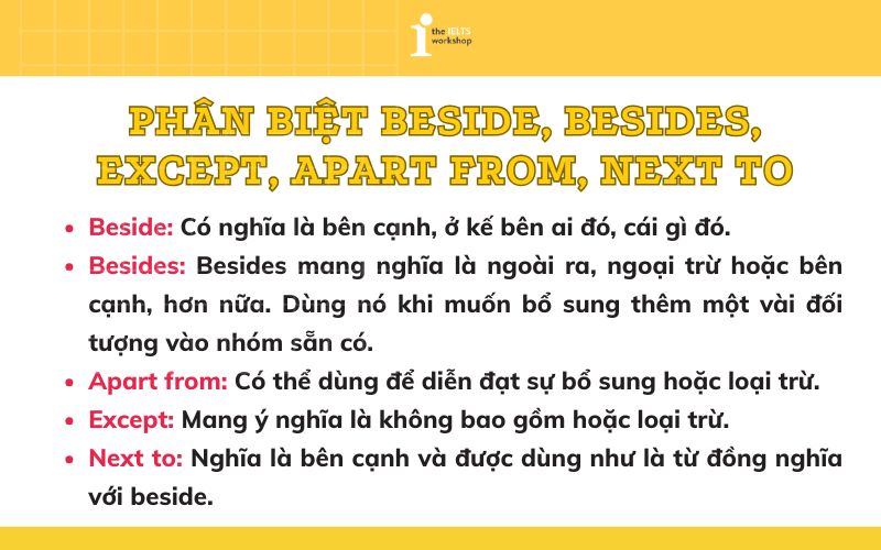 Phân biệt beside besides, next to, except, apart from