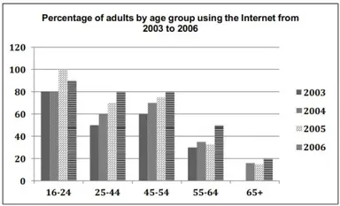 The chart below shows the percentage of adults of different age groups in the UK who used the Internet everyday from 2003 to 2006