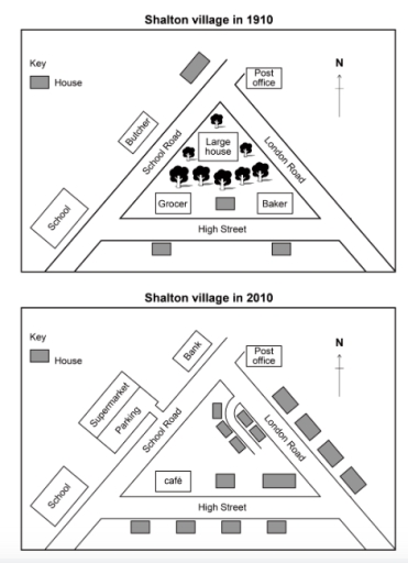 The maps below show part of a village in 1910, and the same part of that village in 2010. Summarise the information by selecting and reporting the main features, and make comparisons where relevant.
