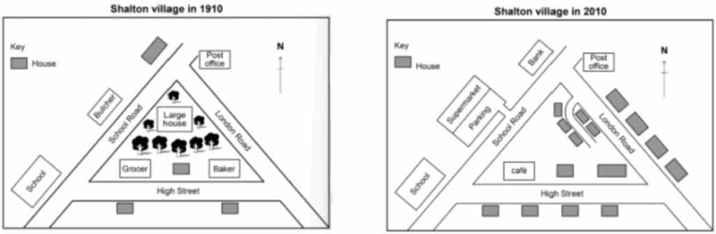 The maps below show part of a village in 1910, and the same part of that village in 2010
