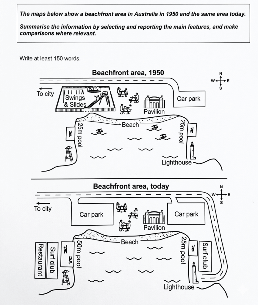 The maps below show a beachfront area in Australia in 1950 and today