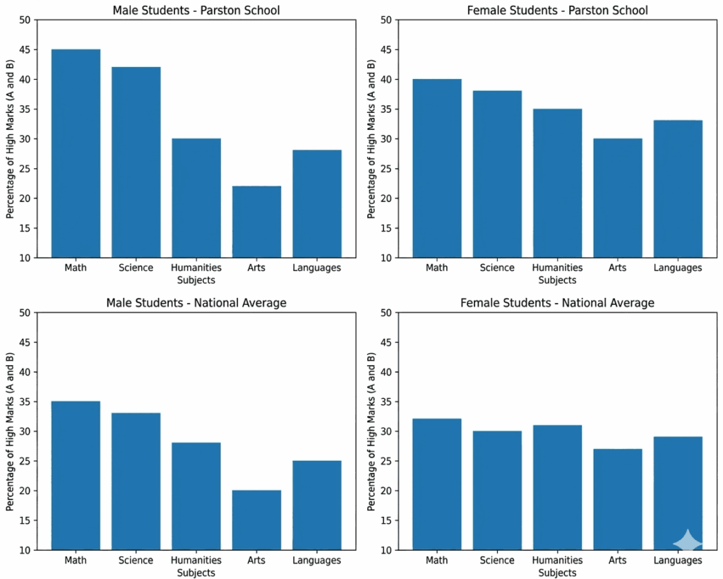The four bar charts compare the percentage of male and female students who achieved high grades (A and B) in five subjects at Parston School and the national average.