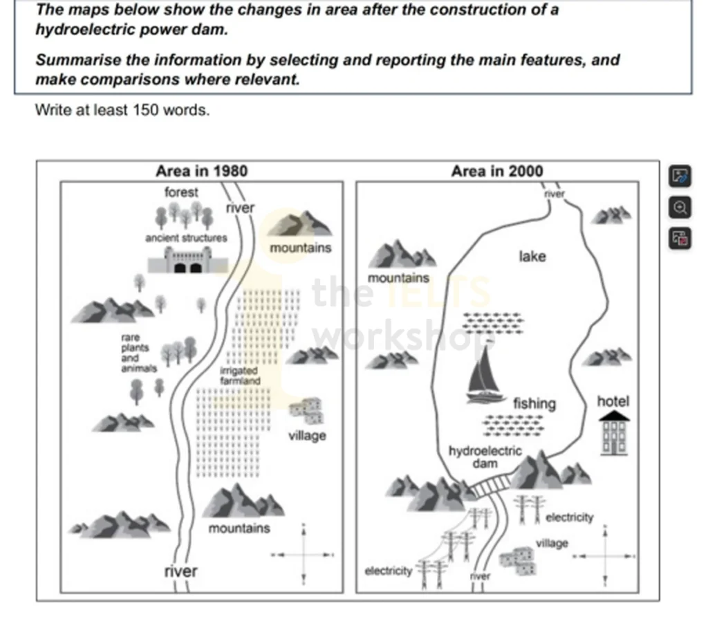 The map below shows the changes in area after the construction of a hydroelectric power dam. Summarize the information by selecting and reporting the main features, and make comparisons where relevant.