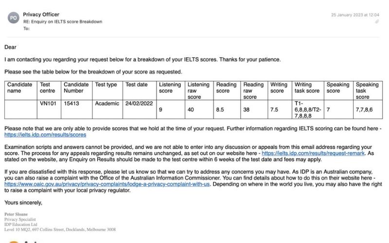cách xin Breakdown điểm IELTS
