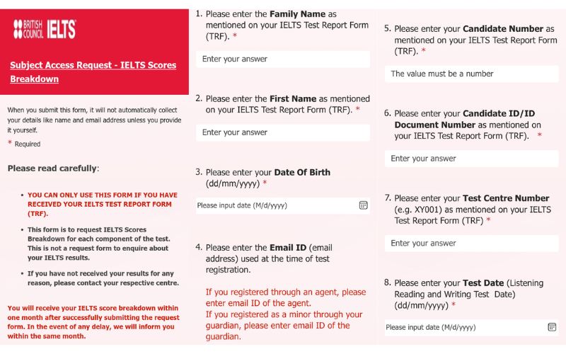 Form xin Breakdown điểm IELTS của BC