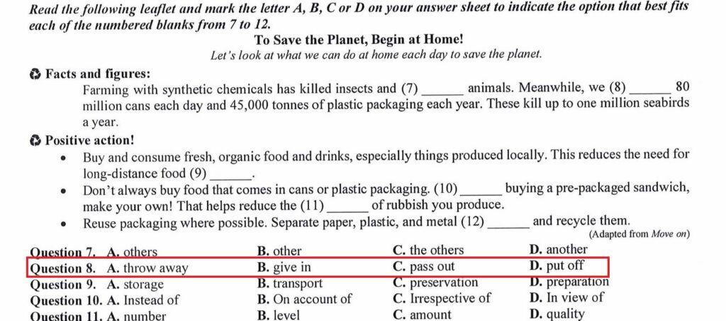 Câu hỏi về phrasal verb trong đề thi minh hoạ 2025 